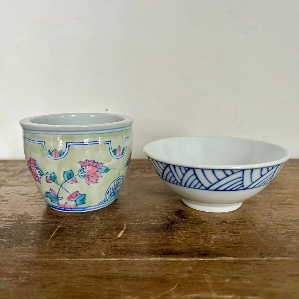 Set of 2 Vintage Chinese Ceramic Planters | Boho Asian Decor | Small Plant Pots